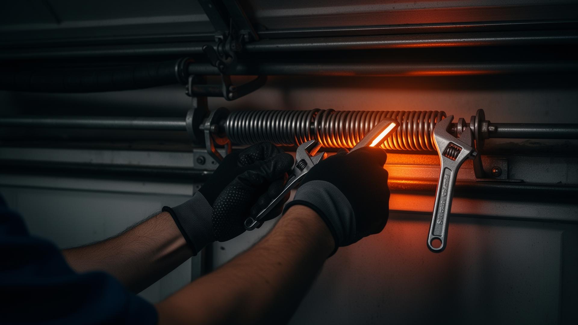 Technician hands repairing a garage door spring